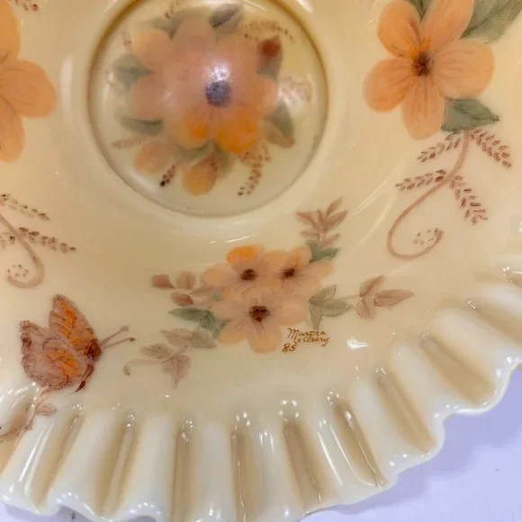 VTG Fenton Honey Amber Floral Butterfly 7224 Brides Bowl 10" Ruffled Edge 80's